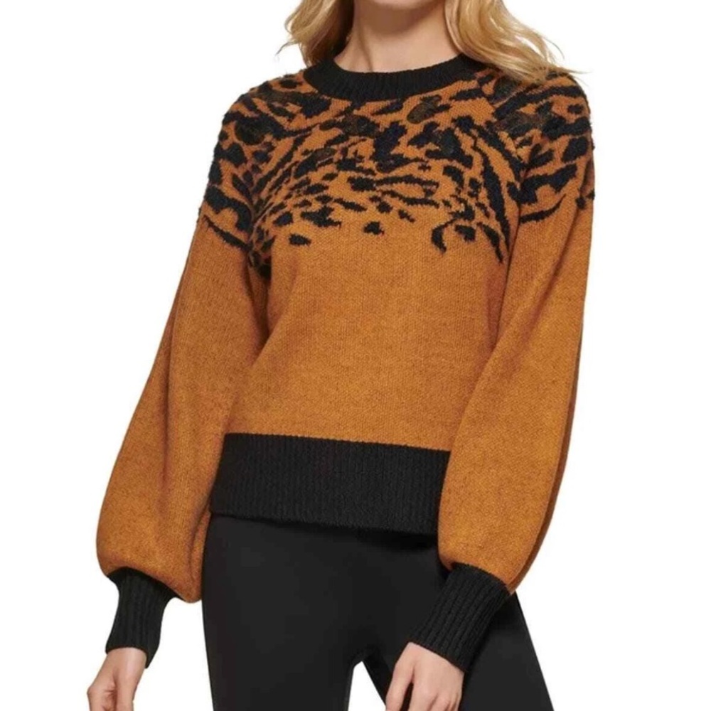 DKNY Animal Print Sequin Puff Sleeve Crewneck Long Sleeve Sweater Size Large